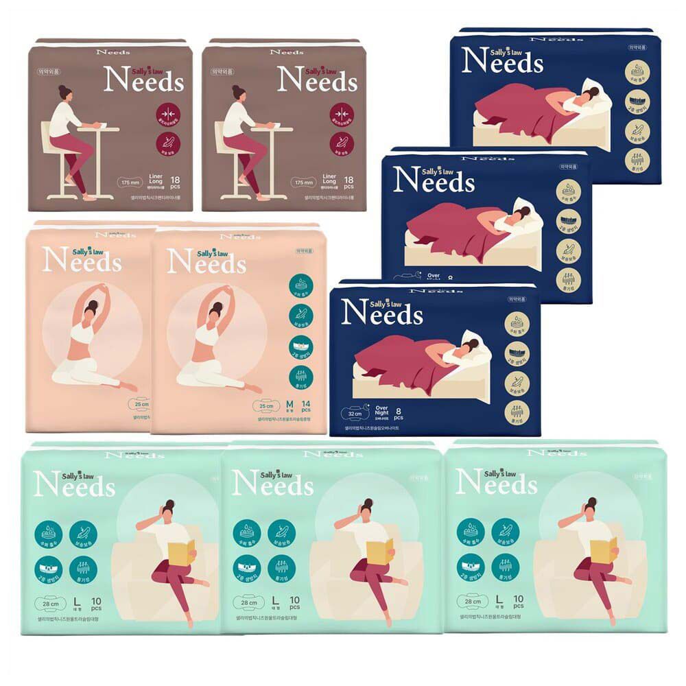 [SALLY'S LAW] Needs Ultra Slim Sanitary Napkin Medium 2packs+Large 3packs+Overnight 3packs+Panty liner 2packs – 1,500 Air Holes for Freshness - Made in Korea